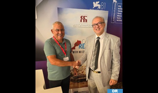 Director of the Moroccan Cinematographic Center (CCM), Abdelaziz Bouzdaini, and Carlo Gentile, Head of International Relations at Italian production company Rai Cinema, at the 81st Venice International Film Festival